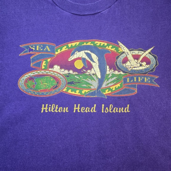 Vtg 90s Hilton Head Island T Shirt S Purple Sea Life Dolphin Sunset Graphic Tee - Picture 2 of 7